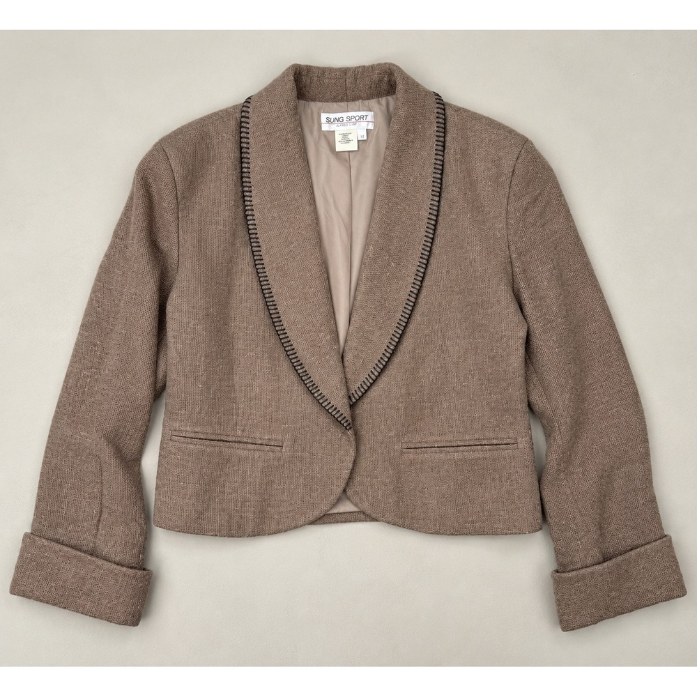 Sung Sport Alfred Sung Wool Alpaca Mohair Cropped Blazer Brown Whipstitch 12